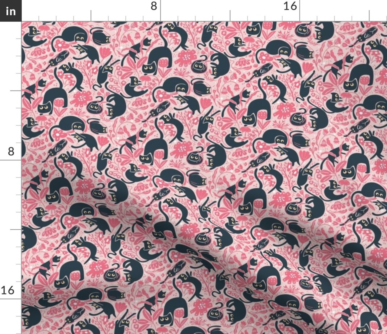 Whimsical Cats Small Scale Floral Cute Kittens Modern Flowers Pink Custom Printed Fabric by Spoonflower Various Fabrics by the Yard or Fat Quarter